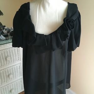 Black blouse, with ruffle neck and ruffle rose on neckline